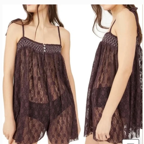 Free People Other - Free people Intimately Plum Wine Button Lace Embroidered Romper Sheer Slip XS